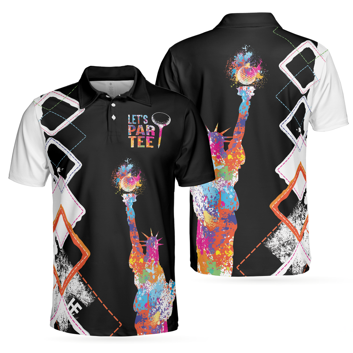 Let's Par Tee Colorful Lady Liberty Patriotic Golfer Polo Shirt, Black And White Argyle Pattern Golf Shirt For Men