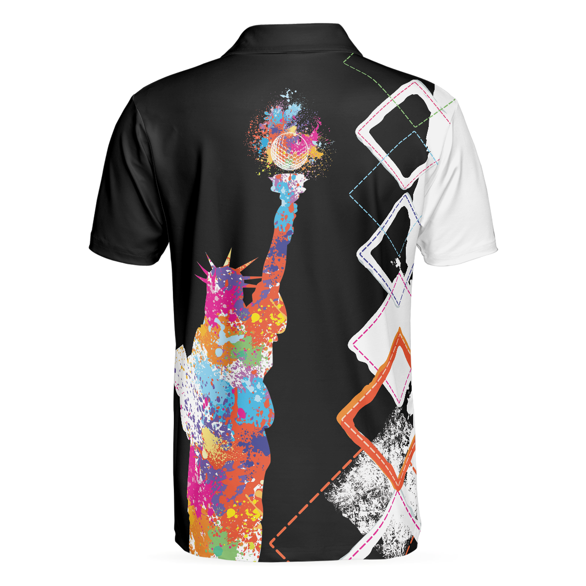 Alternative view of Let's Par Tee Colorful Lady Liberty Patriotic Golfer Polo Shirt, Black And White Argyle Pattern Golf Shirt For Men