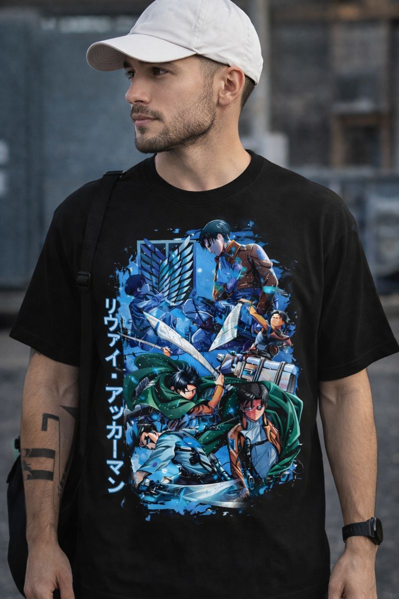 Alternative view of Levi Ackerman Attack on Titan Oversized Shirt - Anime Graphic Heavyweight Tee - Vintage Survey Corps Black T-Shirt