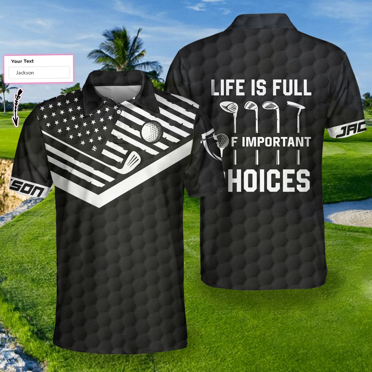 Life Is Full Of Important Choices Custom Polo Shirt, Personalized Black American Flag Golf Shirt For Men