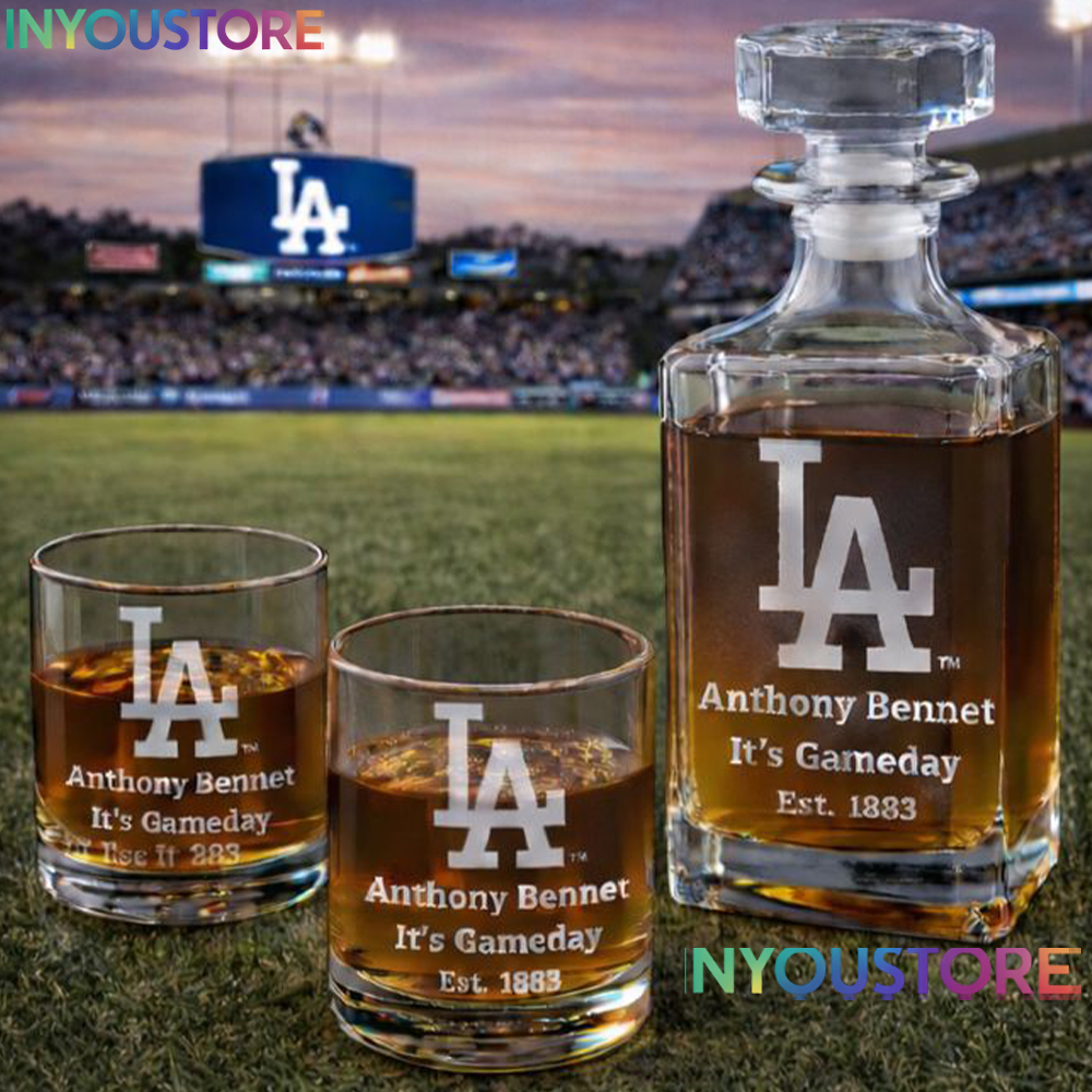 Los Angeles Dodgers Custom Decanter Gift Set with 2 Whiskey Glasses Custom Etched Glassware Kit Est. 1883 MLB Fan Gift