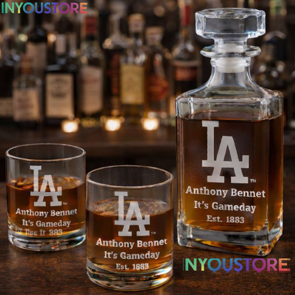 Los Angeles Dodgers Custom Decanter Gift Set with 2 Whiskey Glasses Custom Etched Glassware Kit Est. 1883 MLB Fan Gift - Image 4