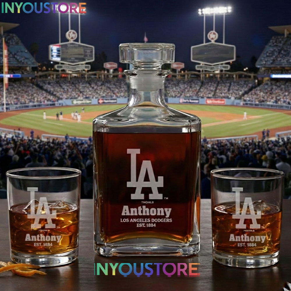 Los Angeles Dodgers Custom Decanter Gift Set with 2 Whiskey Glasses Etched Glassware Kit Est. 1884 MLB Fan Gift