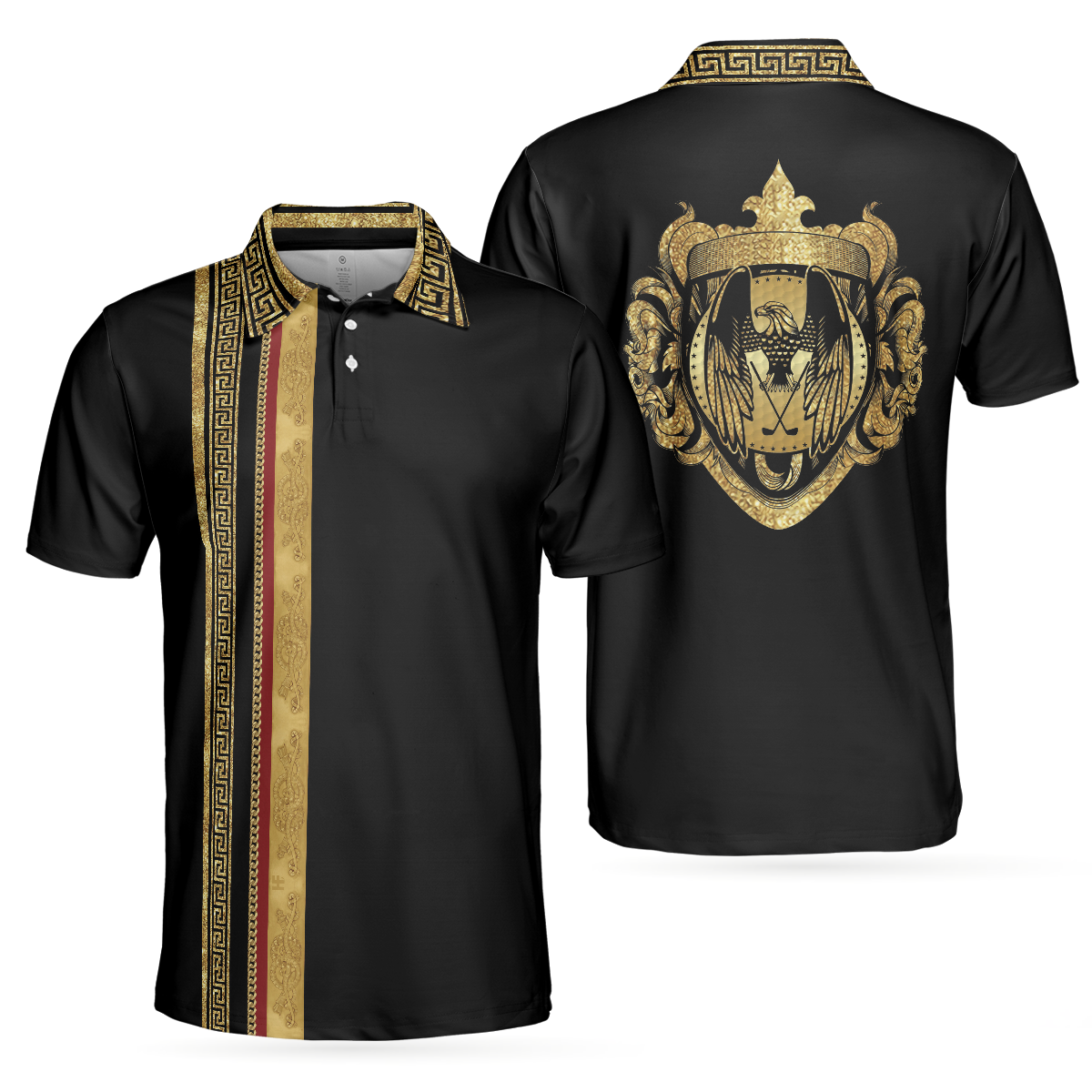 Luxury Baroque Pattern Eagle Badge Golf Polo Shirt, Golden Greek Key Pattern Polo Shirt, Best Golf Shirt For Men