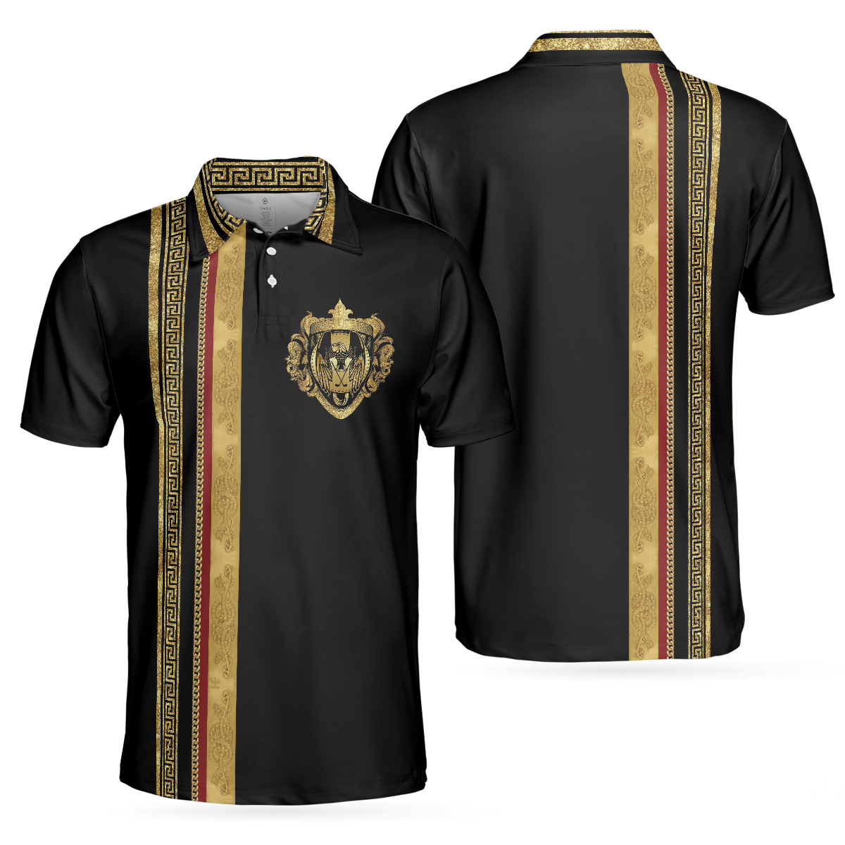 Luxury Baroque Pattern Golf Polo Shirt, Golden Greek Key Pattern Polo Shirt, Best Golf Shirt For Men