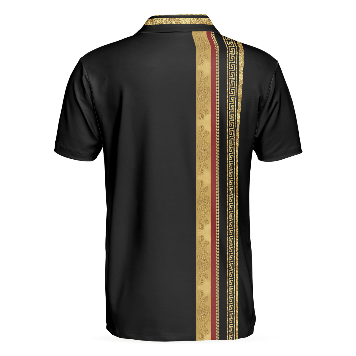 Alternative view of Luxury Baroque Pattern Golf Polo Shirt, Golden Greek Key Pattern Polo Shirt, Best Golf Shirt For Men