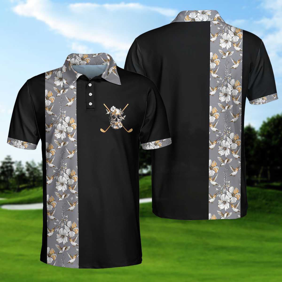 Luxury Golden Skull Black Golf Polo Shirt, Ash Floral Pattern Polo Shirt, Best Golf Shirt For Men