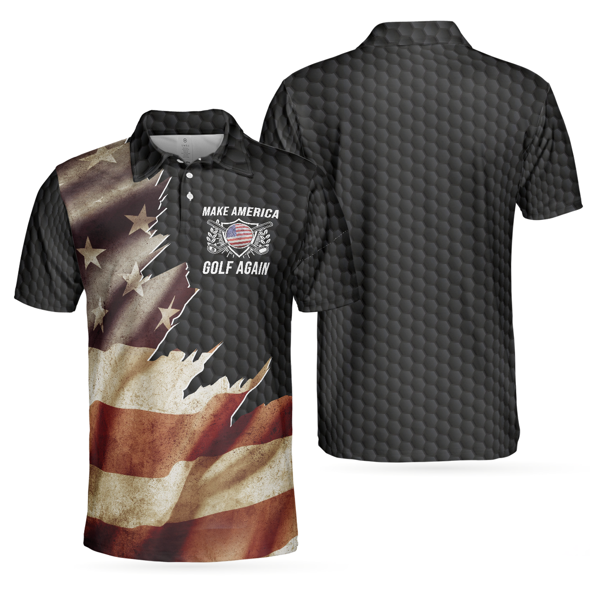 Make America Golf Again Custom Polo Shirt, Personalized Black Hornet Nest Pattern American Flag Golf Shirt For Men