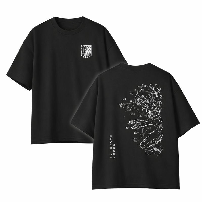 Men's Attack on Titan Graphic Oversized T-Shirt Eren Yeager Front Back Print Cotton Black Adult Size S-4XL