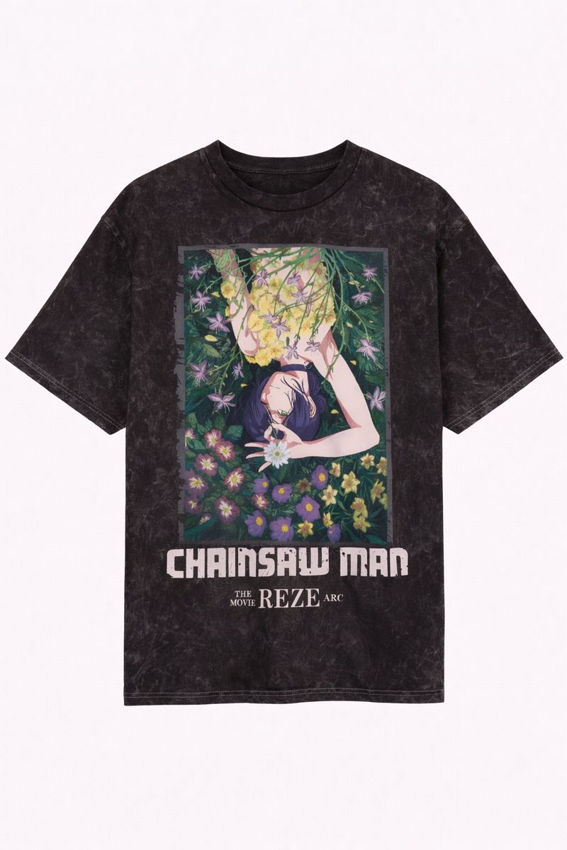 Men's Chainsaw Man Graphic Oversized T-Shirt Reze Arc Movie Cotton Mineral Wash Black Adult Size S-4XL