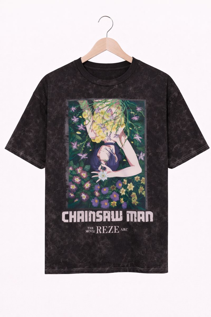 Alternative view of Men's Chainsaw Man Graphic Oversized T-Shirt Reze Arc Movie Cotton Mineral Wash Black Adult Size S-4XL