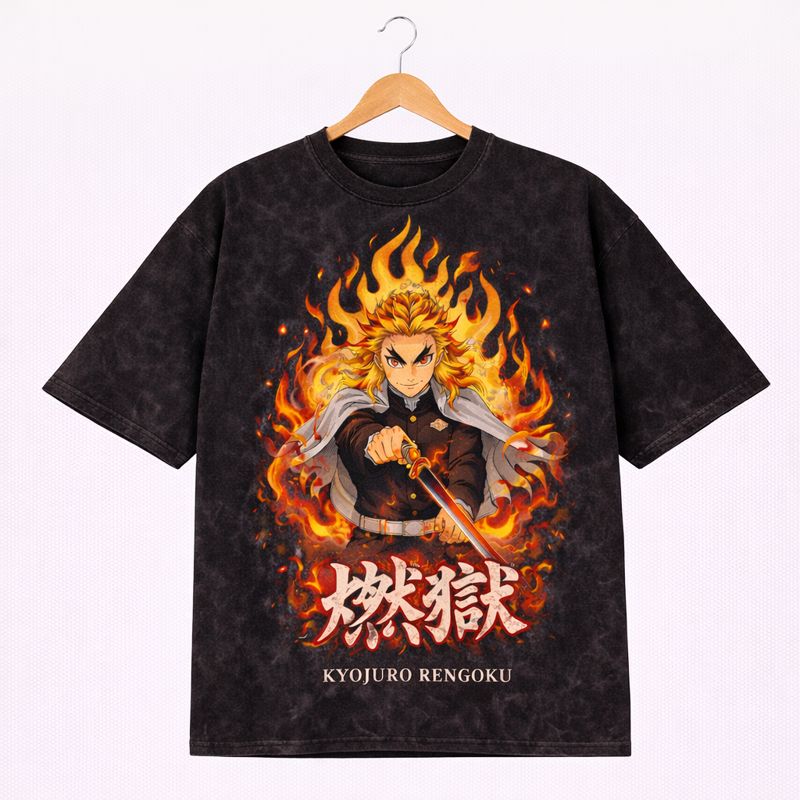 Alternative view of Men's Demon Slayer Graphic Oversized T-Shirt Kyojuro Rengoku Fire Hashira Mineral Wash Black Adult Size S-4XL