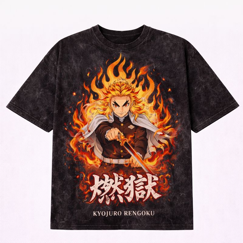 Men's Demon Slayer Graphic Oversized T-Shirt Kyojuro Rengoku Fire Hashira Mineral Wash Black Adult Size S-4XL