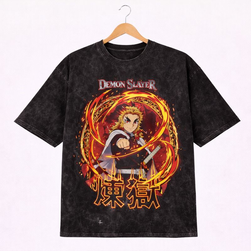 Alternative view of Men's Demon Slayer Graphic Oversized T-Shirt Kyojuro Rengoku Flame Hashira Mineral Wash Black Adult Size S-4XL (Copy)