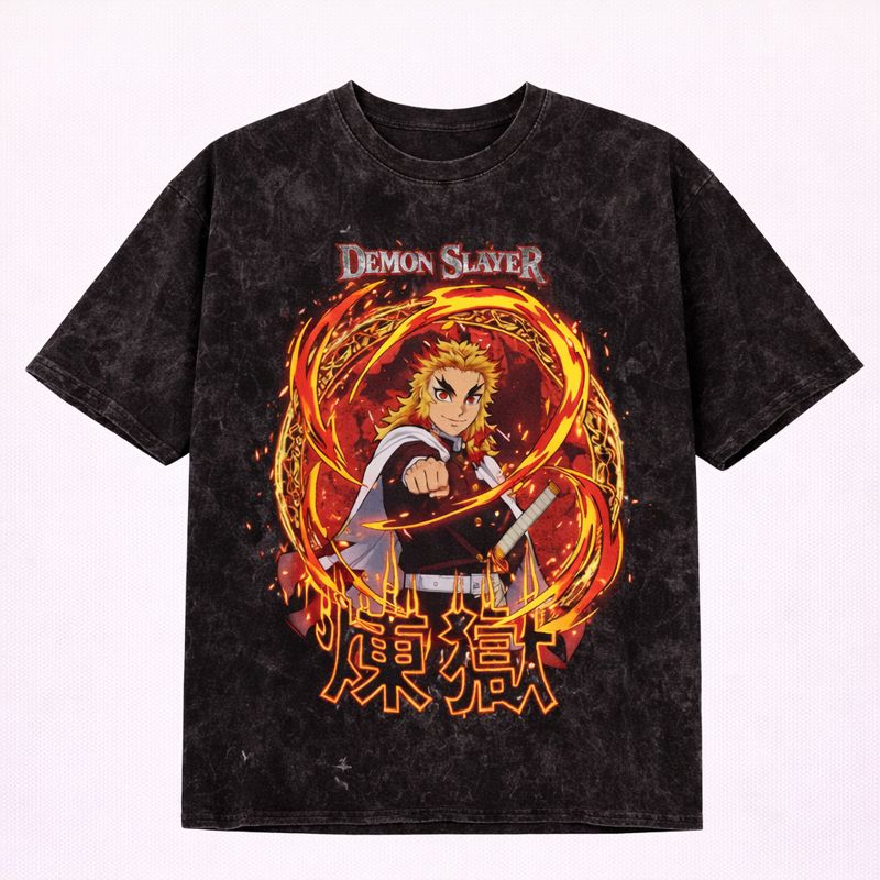 Men's Demon Slayer Graphic Oversized T-Shirt Kyojuro Rengoku Flame Hashira Mineral Wash Black Adult Size S-4XL (Copy)