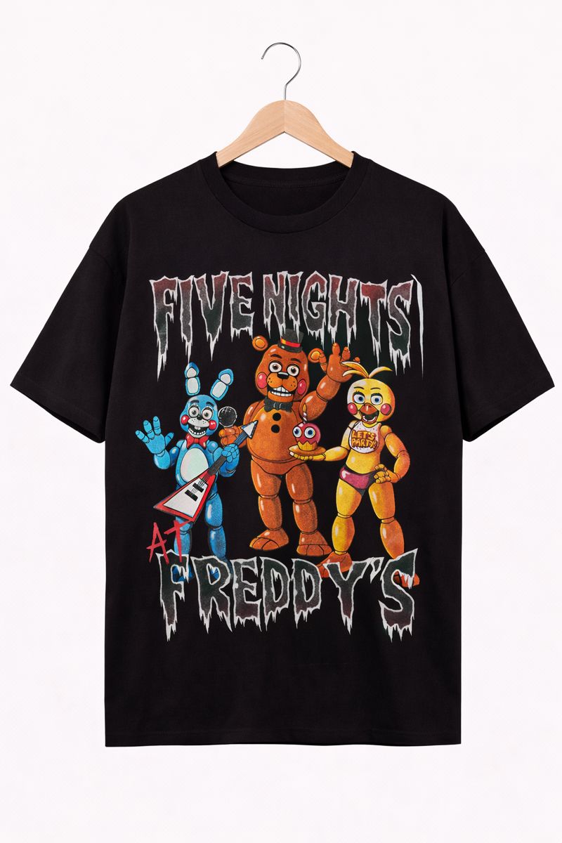 Alternative view of Men's Five Nights At Freddy's Graphic Oversized T-Shirt Toy Freddy Bonnie Chica Cotton Black Adult Size S-4XL