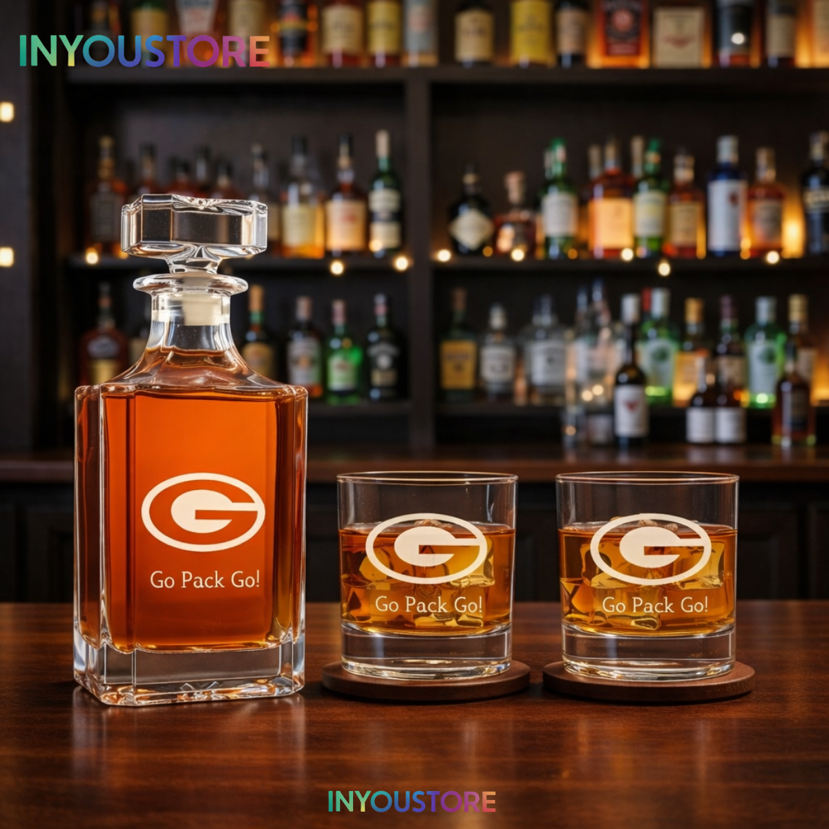 Men's Green Bay Packers Custom Engraved Whiskey Decanter Gift Set Glassware Clear One Size