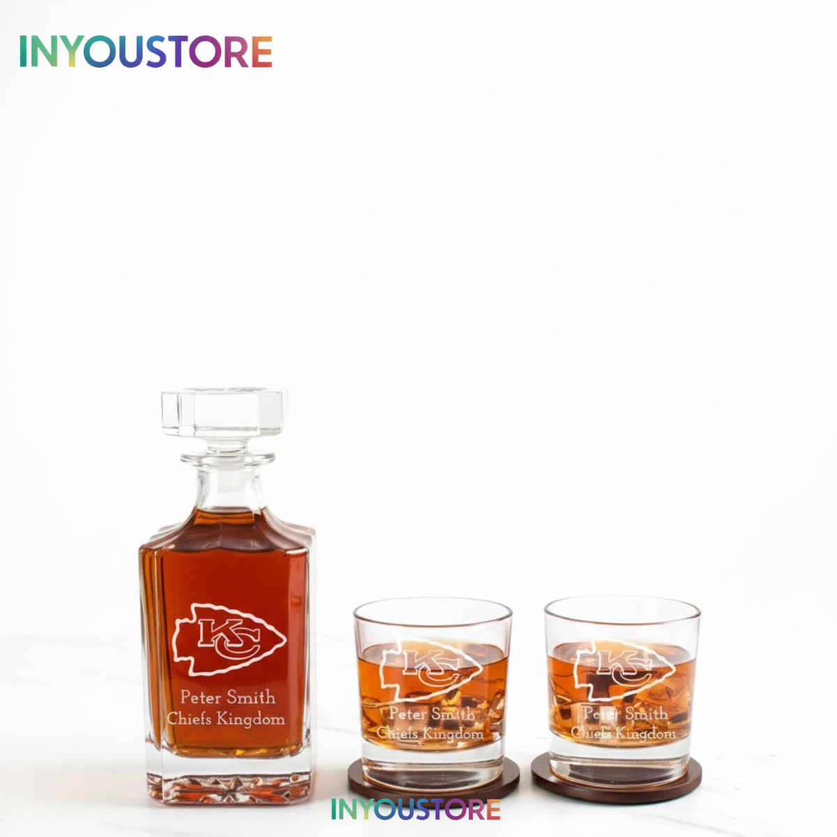 Men's Kansas City Chiefs Custom Engraved Whiskey Decanter Gift Set Glassware Clear One Size - Image 4