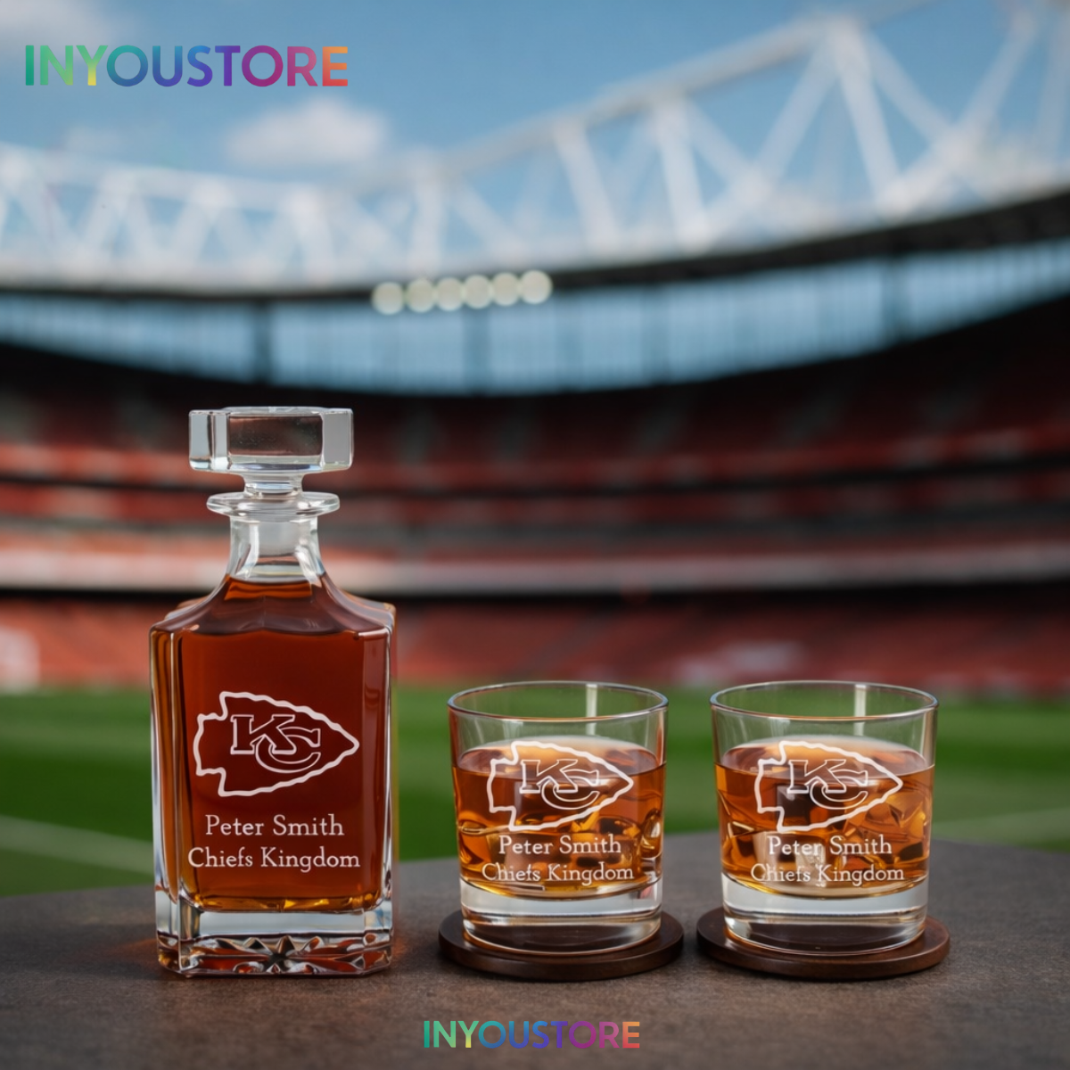 Men's Kansas City Chiefs Custom Engraved Whiskey Decanter Gift Set Glassware Clear One Size - Image 3