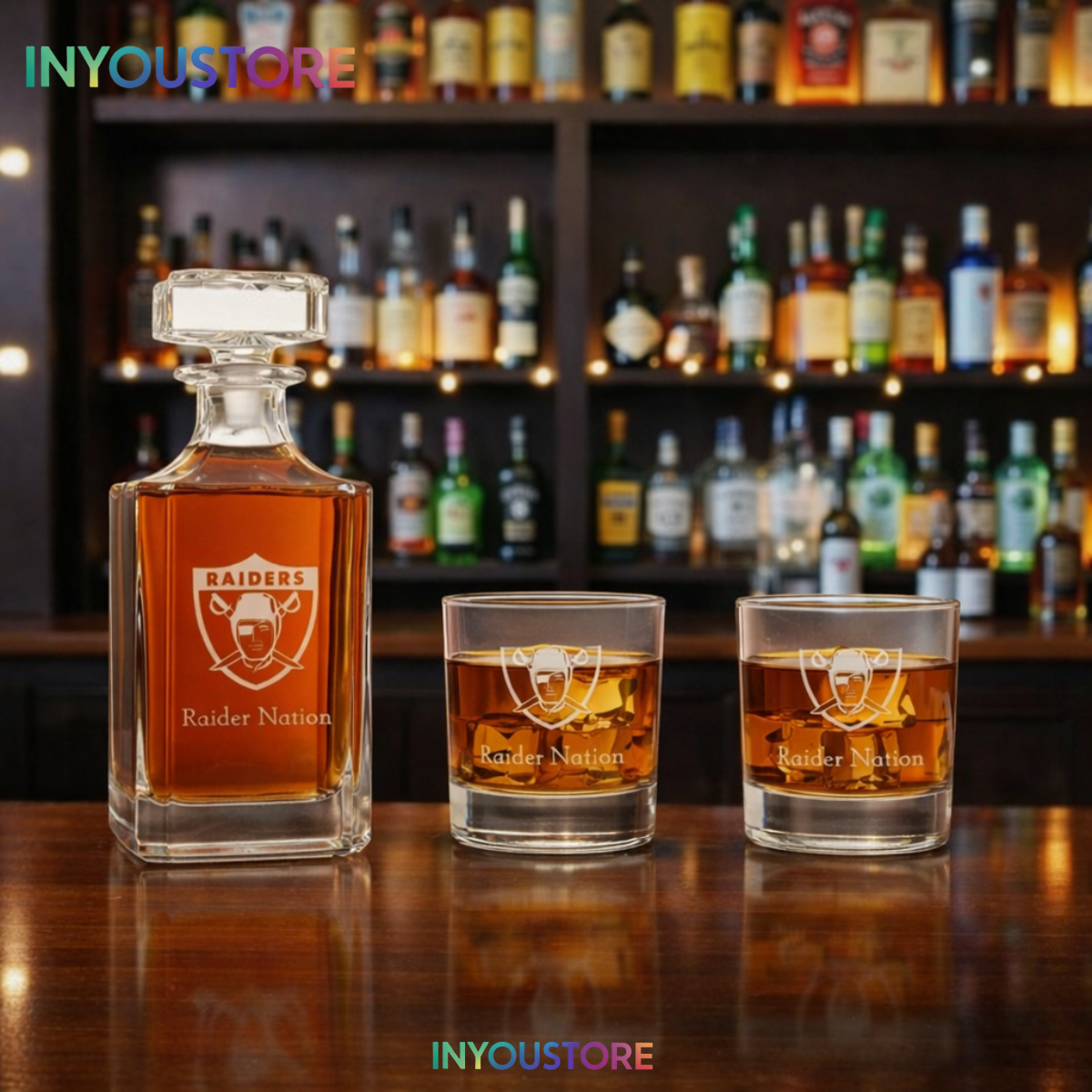 Men's Las Vegas Raiders Custom Engraved Whiskey Decanter Gift Set Glassware Clear One Size