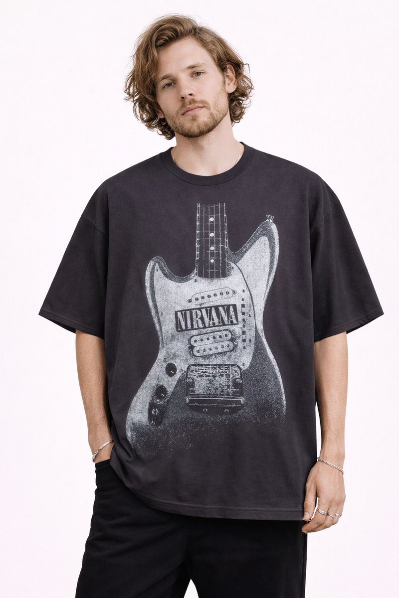 Alternative view of Men's Nirvana Graphic Oversized T-Shirt Electric Guitar Cotton Charcoal Adult Size S-4XL