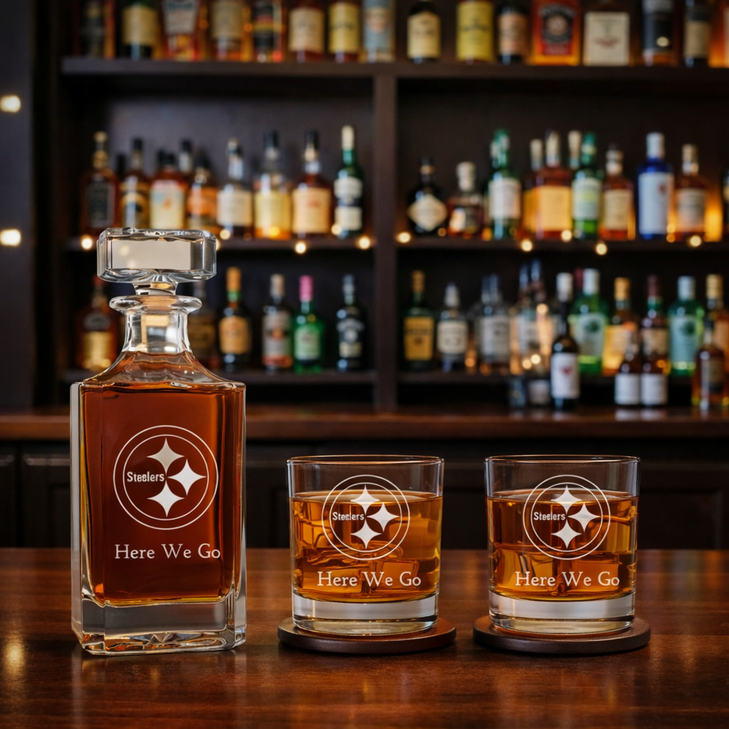 Men's Pittsburgh Steelers Custom Engraved Whiskey Decanter Gift Set Glassware Clear One Size