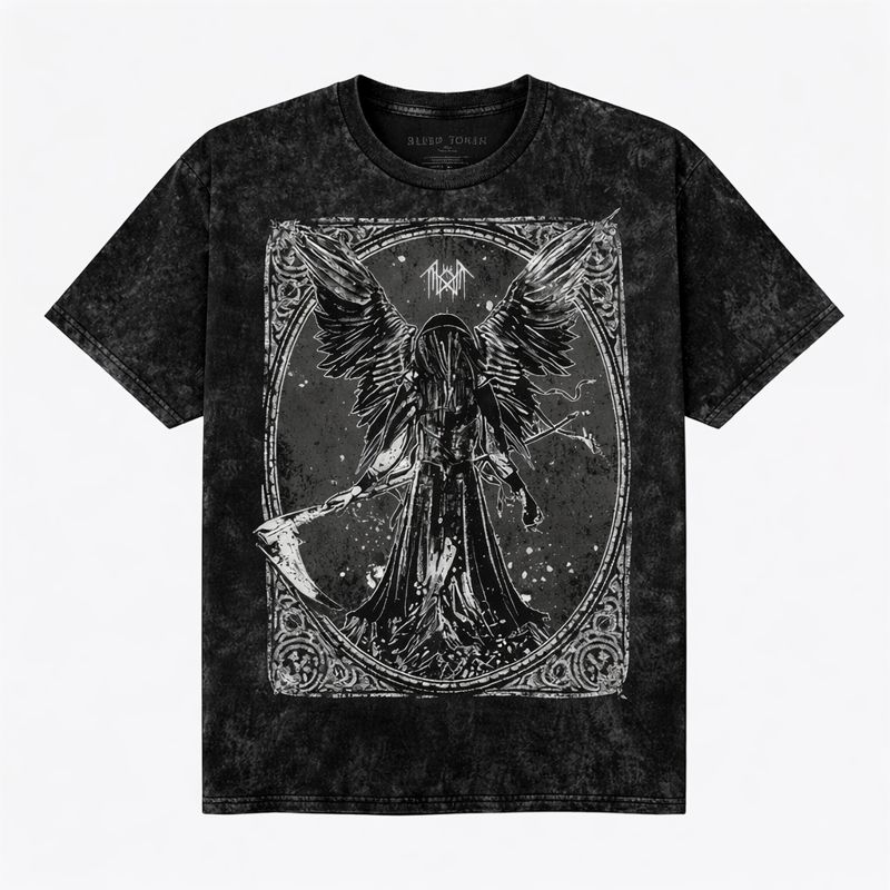 Men's Sleep Token Graphic Oversized T-Shirt Angel With Scythe Mineral Wash Black Adult Size S-4XL