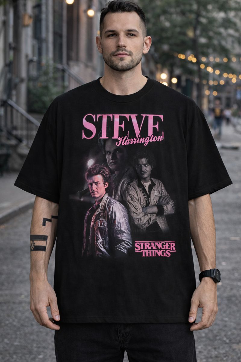 Men's Stranger Things Graphic Oversized T-Shirt Steve Harrington Cotton Black Adult Size S-4XL - Image 3
