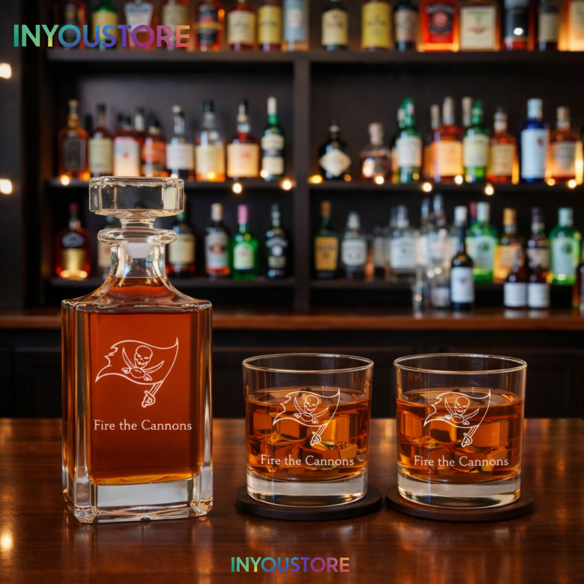 Men's Tampa Bay Buccaneers Custom Engraved Whiskey Decanter Gift Set Glassware Clear One Size