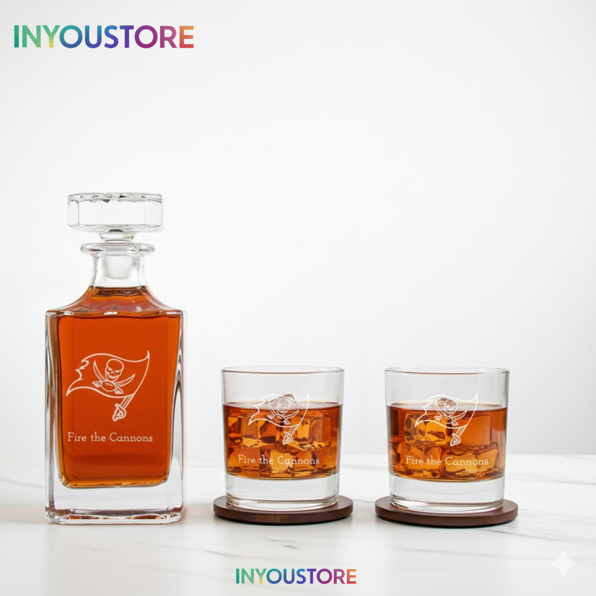 Men's Tampa Bay Buccaneers Custom Engraved Whiskey Decanter Gift Set Glassware Clear One Size - Image 3