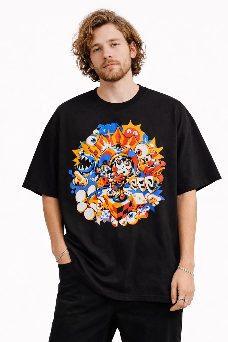 Alternative view of Men's The Amazing Digital Circus Graphic Oversized T-Shirt Pomni & Friends Cotton Beige Adult Size S-4XL