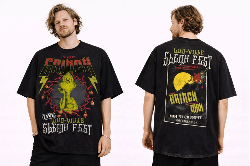 Alternative view of Men's The Grinch Graphic Oversized T-Shirt Who-Ville Sleigh Fest Cotton Mineral Wash Black Adult Size S-4XL