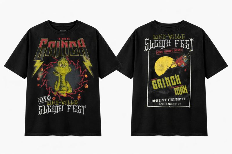 Men's The Grinch Graphic Oversized T-Shirt Who-Ville Sleigh Fest Cotton Mineral Wash Black Adult Size S-4XL