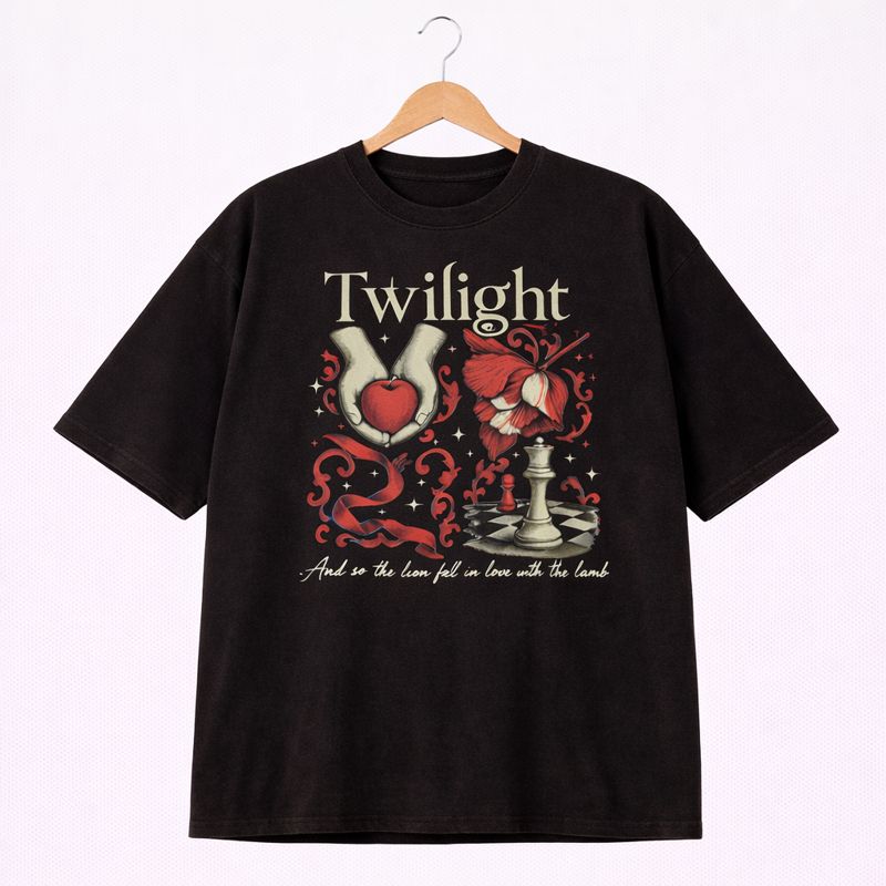Alternative view of Men's Twilight Graphic Oversized T-Shirt Lion Fell In Love With The Lamb Cotton Black Adult Size S-4XL