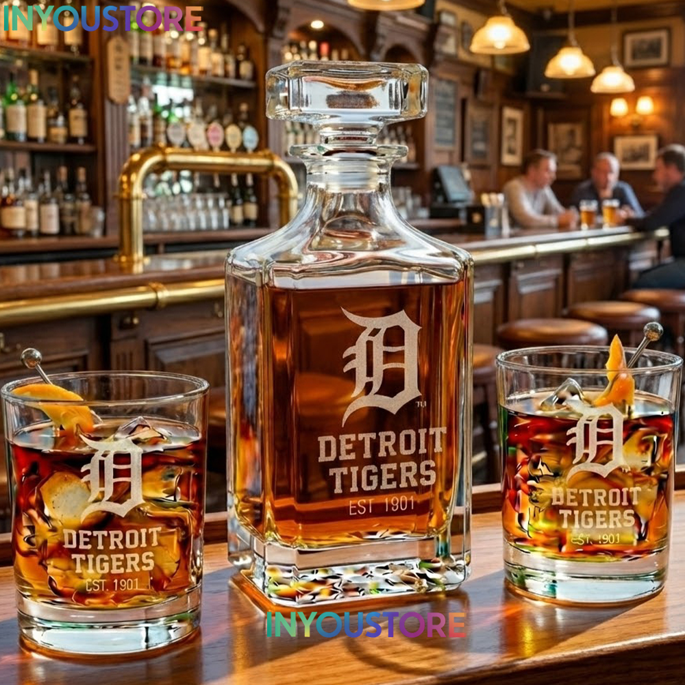 Detroit Tigers Custom Decanter Set with 2 Whiskey Glasses Etched Glassware Kit Est. 1901 MLB Fan Gift - Image 3