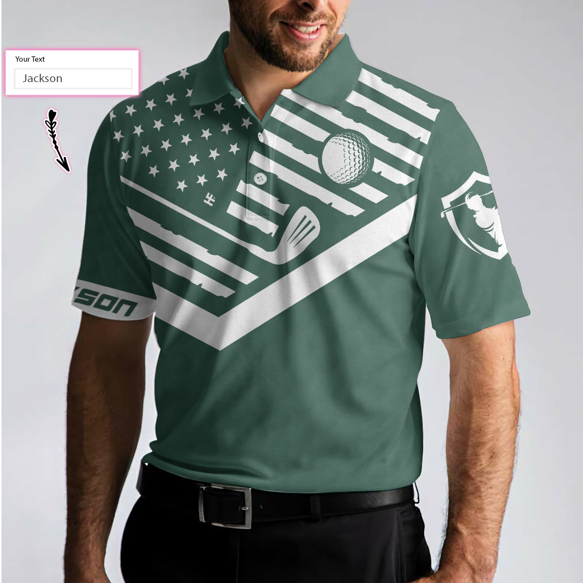 Alternative view of My Green Jacket Is In The Wash Custom Polo Shirt, Personalized Forest Green American Flag Golf Shirt For Men