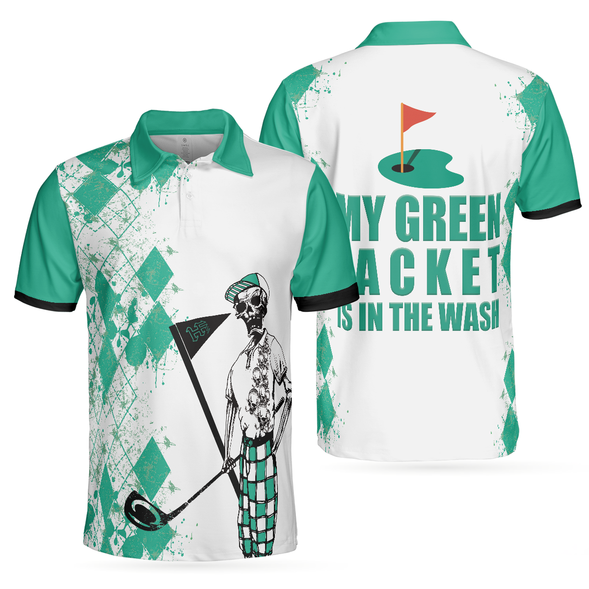 My Green Jacket Is In The Wash Polo Shirt, Cyan Argyle Pattern Skeleton Golfer Golf Shirt For Men