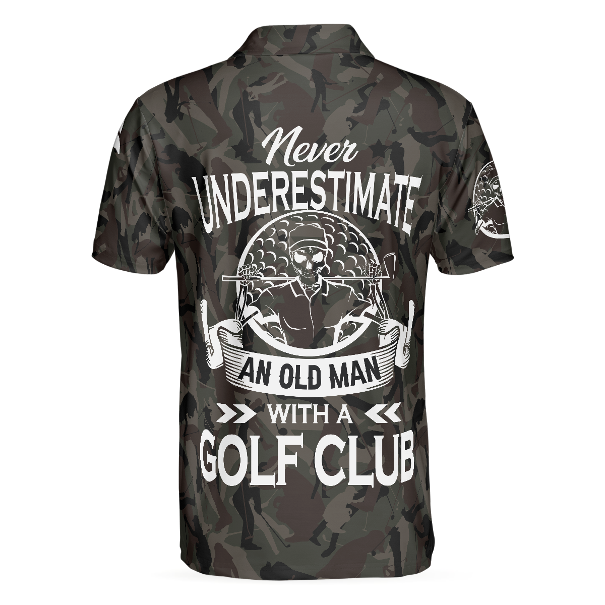 Alternative view of Never Underestimate An Old Man Camouflage Pattern Skull Polo Shirt, Army Skeleton Golfer Polo Shirt, Camo Golf Shirt For Men