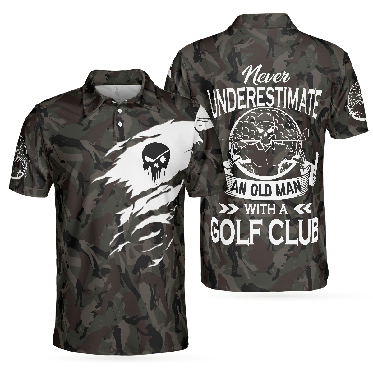 Never Underestimate An Old Man Camouflage Pattern Skull Polo Shirt, Army Skeleton Golfer Polo Shirt, Camo Golf Shirt For Men