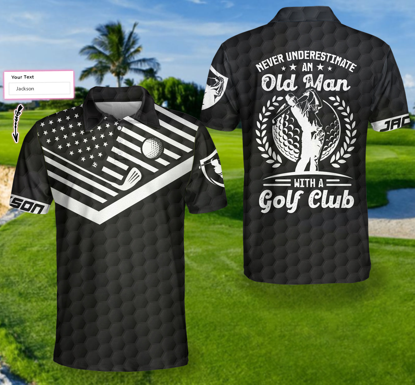 Never Underestimate An Old Man Custom Polo Shirt, Personalized Black American Flag Golf Shirt For Men