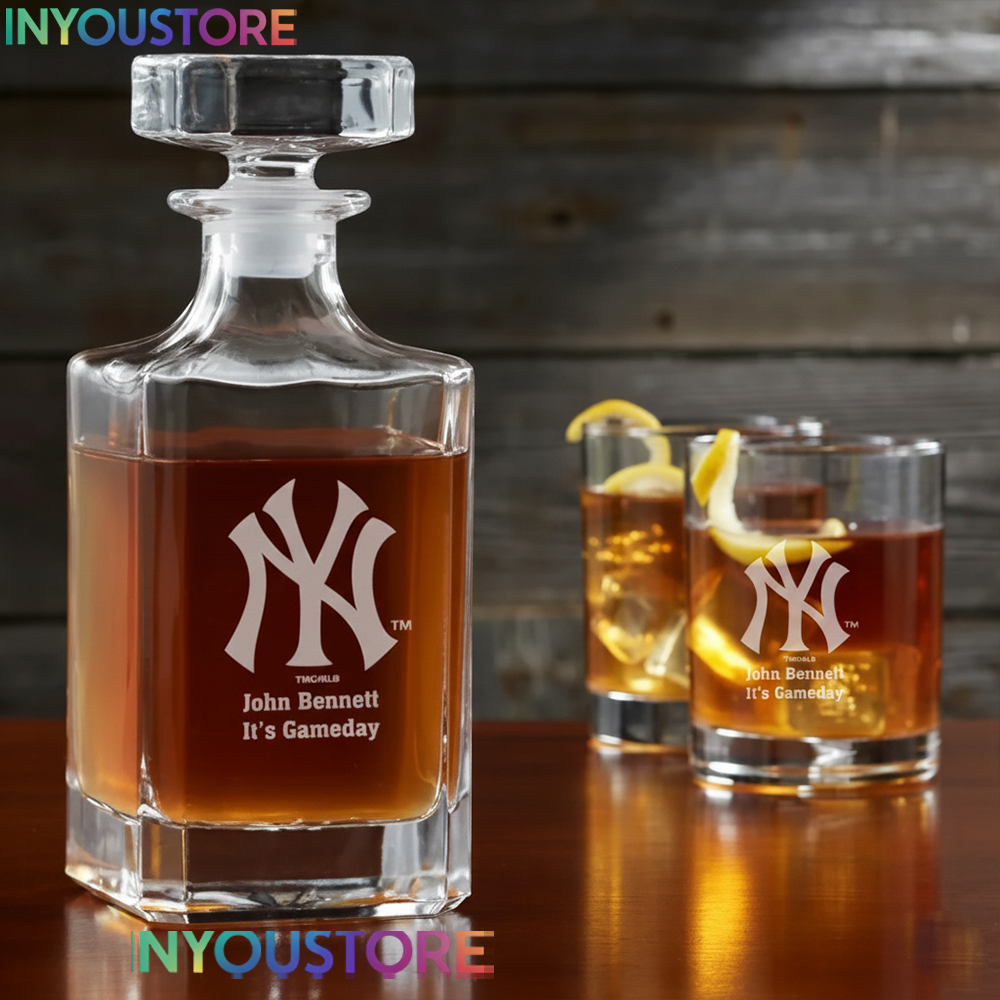 New York Yankees Custom Decanter Gift Set with 2 Whiskey Glasses Etched Glassware Kit Est. 1903 MLB Fan Gift - Image 4