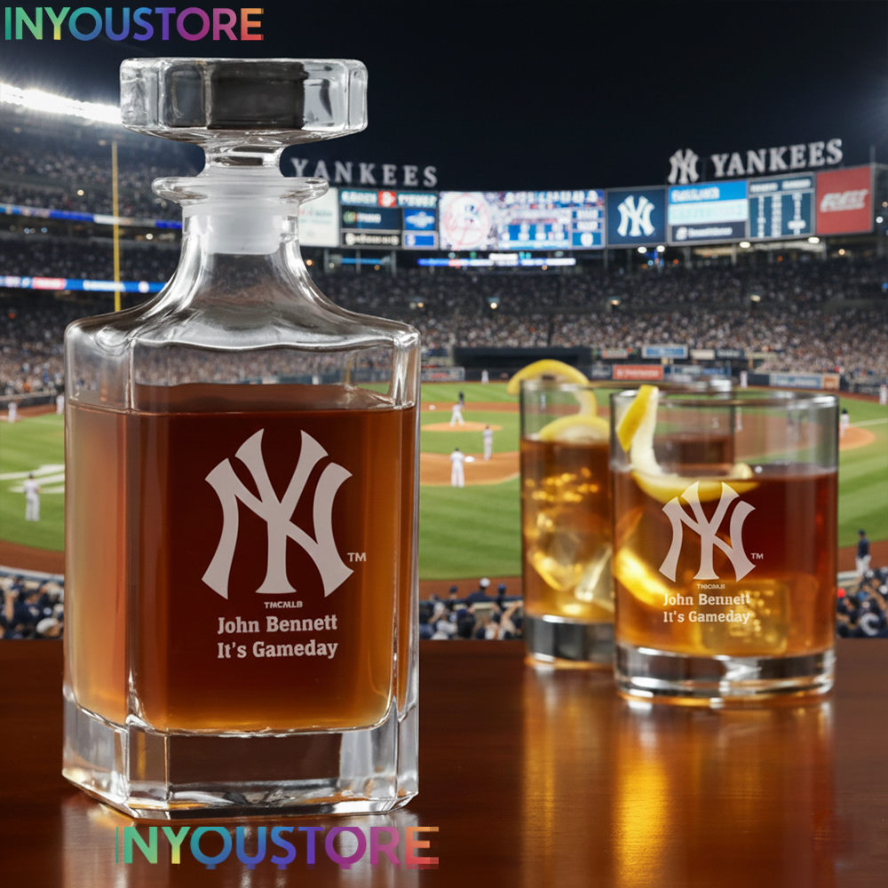 New York Yankees Custom Decanter Gift Set with 2 Whiskey Glasses Etched Glassware Kit Est. 1903 MLB Fan Gift