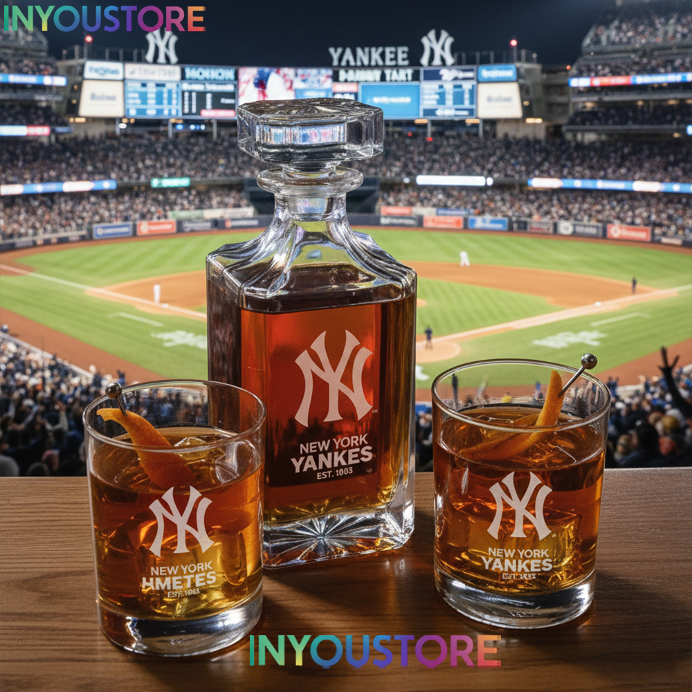 New York Yankees Custom Decanter Set with 2 Whiskey Glasses Logo Glassware Kit Est. 1903 MLB Fan Gift
