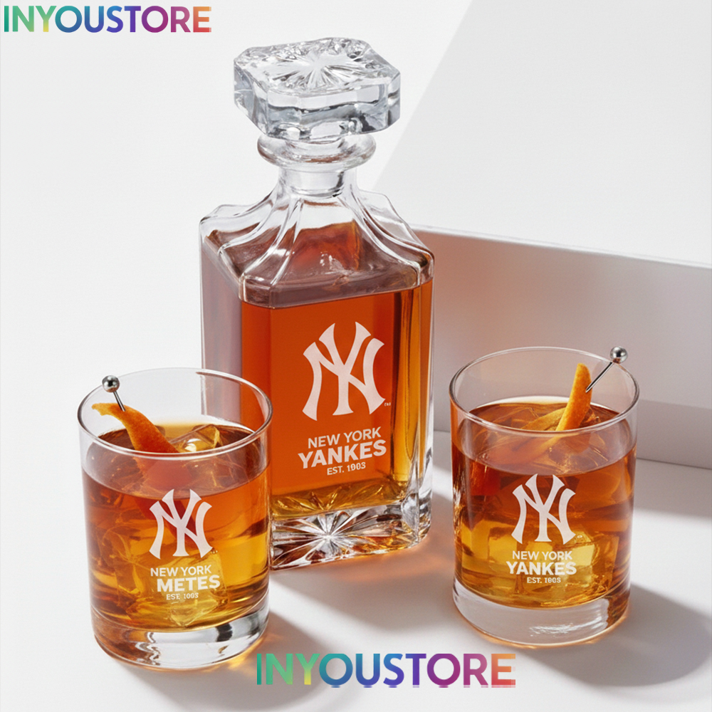 New York Yankees Custom Decanter Set with 2 Whiskey Glasses Logo Glassware Kit Est. 1903 MLB Fan Gift - Image 4
