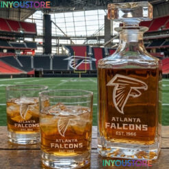 Atlanta Falcons Custom Decanter Set with 2 Whiskey Glasses Etched Glassware Kit Est. 1966 NFL Fan Gift