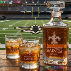 New Orleans Saints Custom Decanter Set with 2 Whiskey Glasses Etched Glassware Kit Est. 1967 NFL Fan Gift