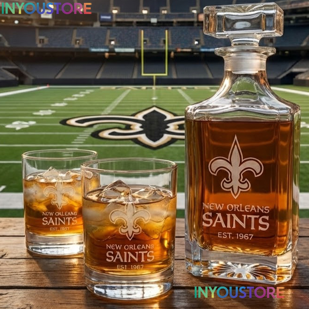 New Orleans Saints Custom Decanter Set with 2 Whiskey Glasses Etched Glassware Kit Est. 1967 NFL Fan Gift