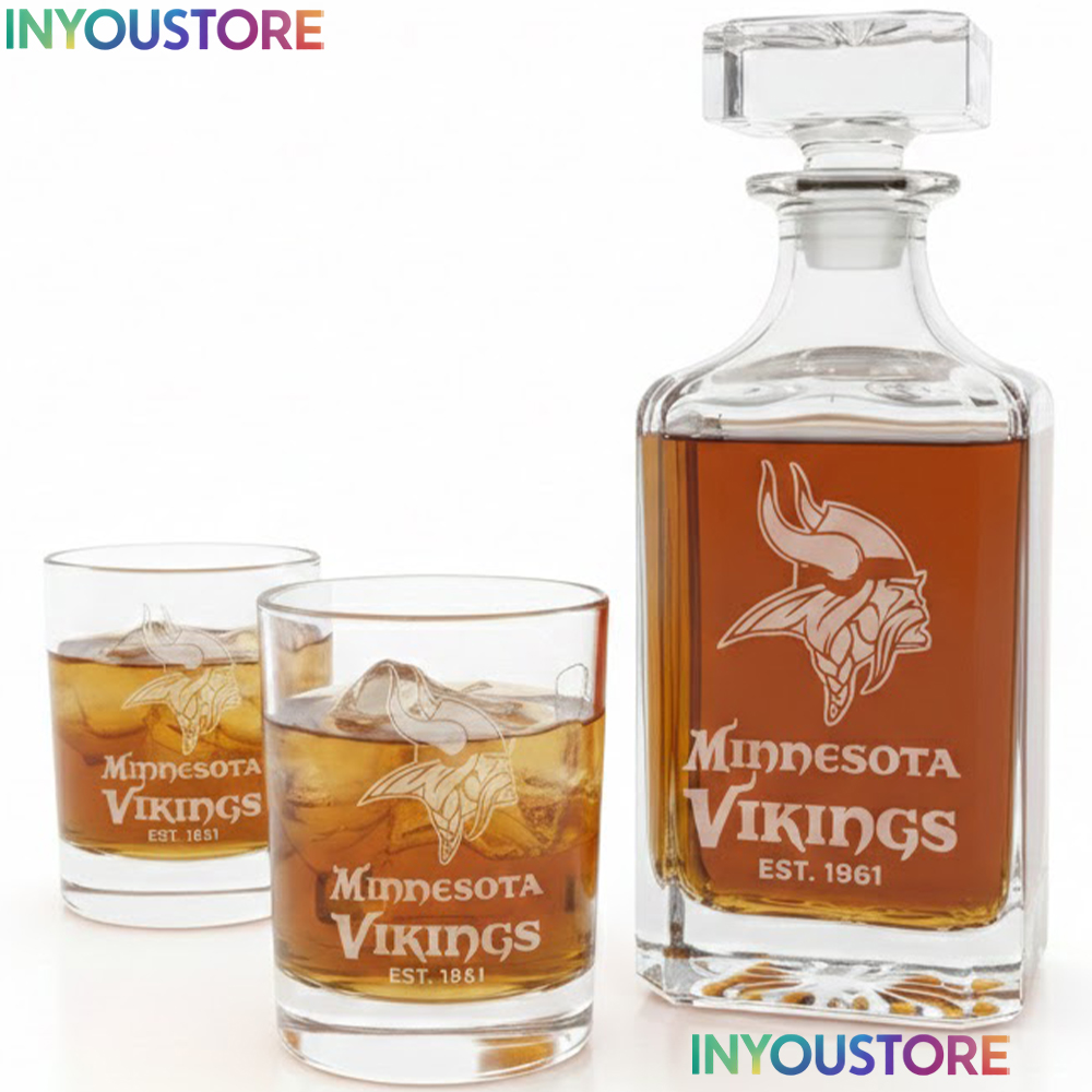 Minnesota Vikings Custom Decanter Set with 2 Whiskey Glasses Etched Glassware Kit Est. 1961 NFL Fan Gift - Image 4