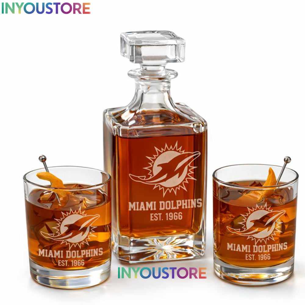 Miami Dolphins Custom Decanter Set with 2 Whiskey Glasses Etched Glassware Kit Est. 1960 NFL Fan Gift - Image 3