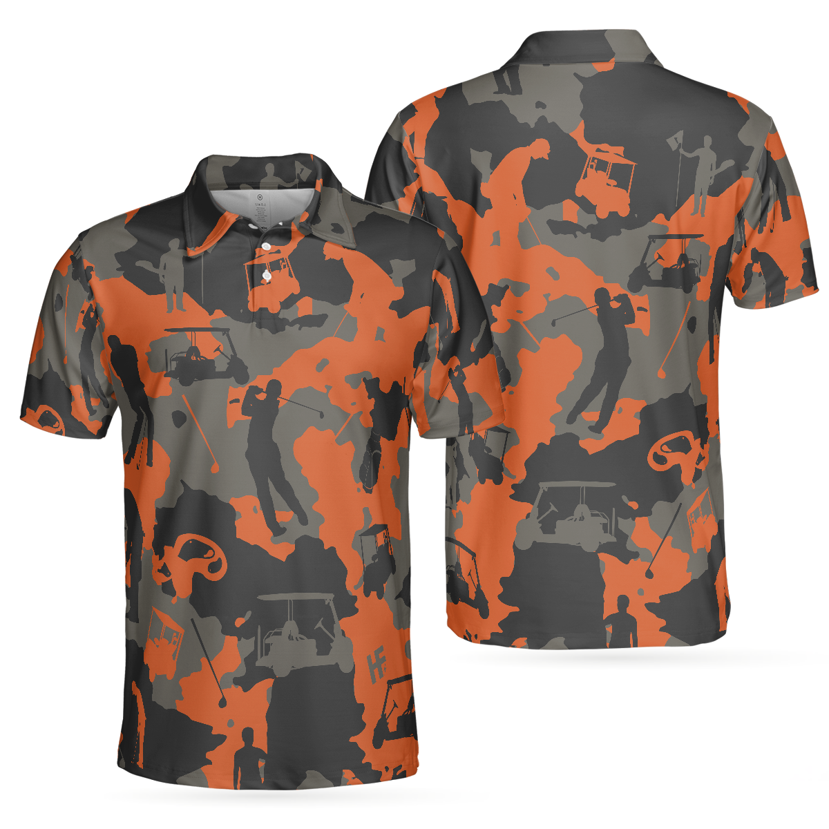 Orange Camouflage Golf Polo Shirt, Golfer Silhouette Pattern Polo Shirt, Camo Golf Shirt For Men